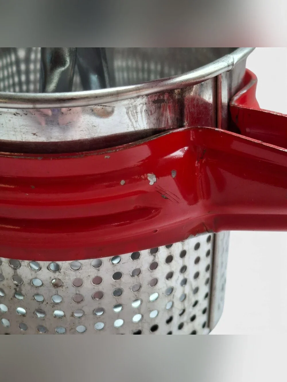 Mid Century Red Handled Metal Potato Ricer Farmhouse Kitchen Masher Strainer